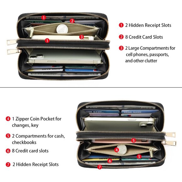 Women Black Leather Wallet Large Capacity Double Zip Ladies Card Phone Holder - Picture 3 of 9